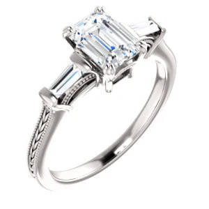 Cubic Zirconia Engagement Ring- The Kimiko (Customizable 3-stone Emerald Cut Design with Baguette Accents and Thin Wheat-Filigree Band) - Image 2