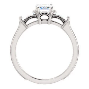 Cubic Zirconia Engagement Ring- The Kimiko (Customizable 3-stone Emerald Cut Design with Baguette Accents and Thin Wheat-Filigree Band) - Image 3