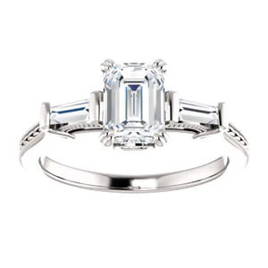 Cubic Zirconia Engagement Ring- The Kimiko (Customizable 3-stone Emerald Cut Design with Baguette Accents and Thin Wheat-Filigree Band) - Image 4