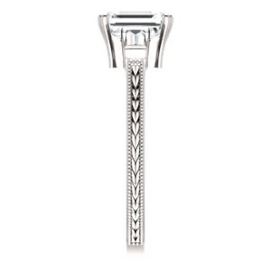 Cubic Zirconia Engagement Ring- The Kimiko (Customizable 3-stone Emerald Cut Design with Baguette Accents and Thin Wheat-Filigree Band) - Image 5