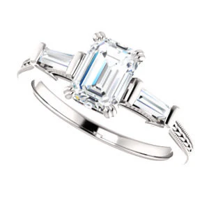 Cubic Zirconia Engagement Ring- The Kimiko (Customizable 3-stone Emerald Cut Design with Baguette Accents and Thin Wheat-Filigree Band) - Image 6