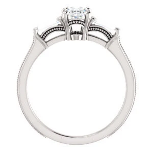 Cubic Zirconia Engagement Ring- The Kimiko (Customizable 3-stone Oval Cut Design with Baguette Accents and Thin Wheat-Filigree Band) - Image 3