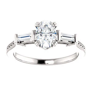 Cubic Zirconia Engagement Ring- The Kimiko (Customizable 3-stone Oval Cut Design with Baguette Accents and Thin Wheat-Filigree Band) - Image 4