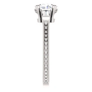 Cubic Zirconia Engagement Ring- The Kimiko (Customizable 3-stone Oval Cut Design with Baguette Accents and Thin Wheat-Filigree Band) - Image 5