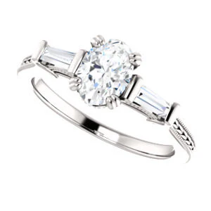 Cubic Zirconia Engagement Ring- The Kimiko (Customizable 3-stone Oval Cut Design with Baguette Accents and Thin Wheat-Filigree Band) - Image 6
