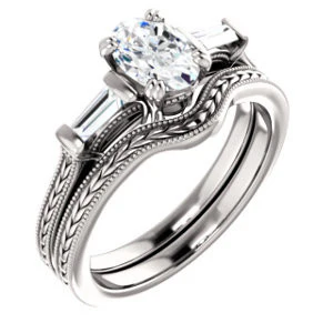 Cubic Zirconia Engagement Ring- The Kimiko (Customizable 3-stone Oval Cut Design with Baguette Accents and Thin Wheat-Filigree Band) - Image 7