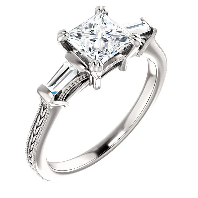 Cubic Zirconia Engagement Ring- The Kimiko (Customizable 3-stone Princess Cut Design with Baguette Accents and Thin Wheat-Filigree Band) - Image 2