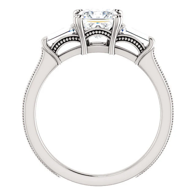 Cubic Zirconia Engagement Ring- The Kimiko (Customizable 3-stone Princess Cut Design with Baguette Accents and Thin Wheat-Filigree Band) - Image 3