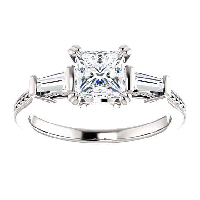 Cubic Zirconia Engagement Ring- The Kimiko (Customizable 3-stone Princess Cut Design with Baguette Accents and Thin Wheat-Filigree Band) - Image 4