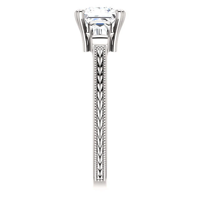 Cubic Zirconia Engagement Ring- The Kimiko (Customizable 3-stone Princess Cut Design with Baguette Accents and Thin Wheat-Filigree Band) - Image 5