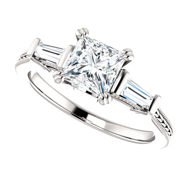 Cubic Zirconia Engagement Ring- The Kimiko (Customizable 3-stone Princess Cut Design with Baguette Accents and Thin Wheat-Filigree Band) - Image 6