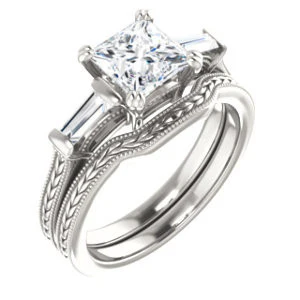Cubic Zirconia Engagement Ring- The Kimiko (Customizable 3-stone Princess Cut Design with Baguette Accents and Thin Wheat-Filigree Band) - Image 7