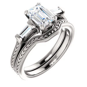 Cubic Zirconia Engagement Ring- The Kimiko (Customizable 3-stone Radiant Cut Design with Baguette Accents and Thin Wheat-Filigree Band) - Image 7