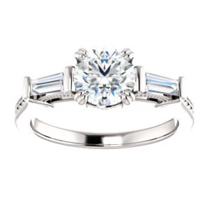 Cubic Zirconia Engagement Ring- The Kimiko (Customizable 3-stone Round Cut Design with Baguette Accents and Thin Wheat-Filigree Band) - Image 10