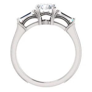 Cubic Zirconia Engagement Ring- The Kimiko (Customizable 3-stone Round Cut Design with Baguette Accents and Thin Wheat-Filigree Band) - Image 3