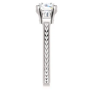 Cubic Zirconia Engagement Ring- The Kimiko (Customizable 3-stone Round Cut Design with Baguette Accents and Thin Wheat-Filigree Band) - Image 5