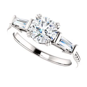 Cubic Zirconia Engagement Ring- The Kimiko (Customizable 3-stone Round Cut Design with Baguette Accents and Thin Wheat-Filigree Band) - Image 6