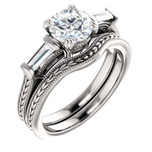Cubic Zirconia Engagement Ring- The Kimiko (Customizable 3-stone Round Cut Design with Baguette Accents and Thin Wheat-Filigree Band) - Image 7