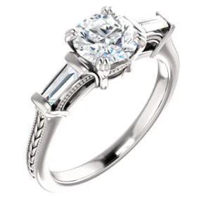 Cubic Zirconia Engagement Ring- The Kimiko (Customizable 3-stone Round Cut Design with Baguette Accents and Thin Wheat-Filigree Band) - Image 8