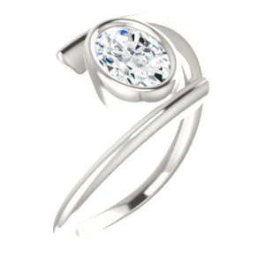 Cubic Zirconia Engagement Ring- The Lacy Michelle (Customizable Bezel-set Oval Cut Solitaire with Thin, Twisting-Bypass Asymmetrical Band) - Image 2