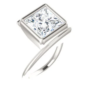 Cubic Zirconia Engagement Ring- The Lacy Michelle (Customizable Bezel-set Princess Cut Solitaire with Thin, Twisting-Bypass Asymmetrical Band) - Image 2