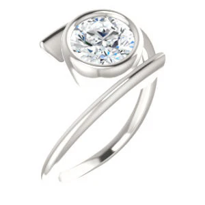 Cubic Zirconia Engagement Ring- The Lacy Michelle (Customizable Bezel-set Round Cut Solitaire with Thin, Twisting-Bypass Asymmetrical Band) - Image 2