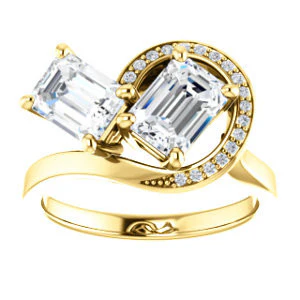 Cubic Zirconia Engagement Ring- The Lupita (Customizable Enhanced 2-stone Asymmetrical Emerald Cut Design with Semi-Halo) - Image 4