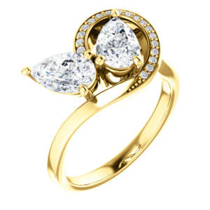 Cubic Zirconia Engagement Ring- The Lupita (Customizable Enhanced 2-stone Asymmetrical Pear Cut Design with Semi-Halo) - Image 2
