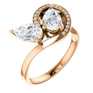 Cubic Zirconia Engagement Ring- The Lupita (Customizable Enhanced 2-stone Asymmetrical Pear Cut Design with Semi-Halo) - Image 7