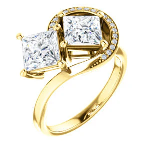 Cubic Zirconia Engagement Ring- The Lupita (Customizable Enhanced 2-stone Asymmetrical Princess Cut Design with Semi-Halo) - Image 2