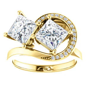 Cubic Zirconia Engagement Ring- The Lupita (Customizable Enhanced 2-stone Asymmetrical Princess Cut Design with Semi-Halo) - Image 4