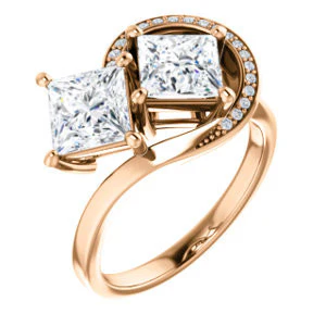 Cubic Zirconia Engagement Ring- The Lupita (Customizable Enhanced 2-stone Asymmetrical Princess Cut Design with Semi-Halo) - Image 7