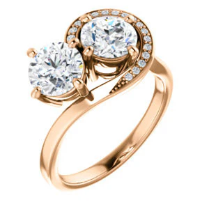 Cubic Zirconia Engagement Ring- The Lupita (Customizable Enhanced 2-stone Asymmetrical Round Cut Design with Semi-Halo) - Image 7