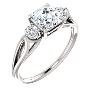 Cubic Zirconia Engagement Ring- The Mahlia (Customizable 3-stone Design with Asscher Cut Center, Round Accents and Split Band) - Image 2