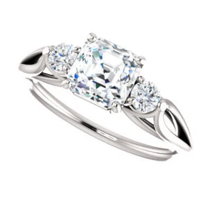 Cubic Zirconia Engagement Ring- The Mahlia (Customizable 3-stone Design with Asscher Cut Center, Round Accents and Split Band) - Image 6