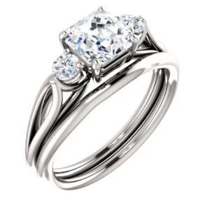 Cubic Zirconia Engagement Ring- The Mahlia (Customizable 3-stone Design with Asscher Cut Center, Round Accents and Split Band) - Image 7