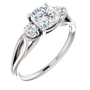 Cubic Zirconia Engagement Ring- The Mahlia (Customizable 3-stone Design with Cushion Cut Center, Round Accents and Split Band) - Image 2