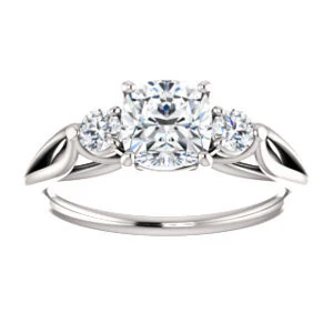 Cubic Zirconia Engagement Ring- The Mahlia (Customizable 3-stone Design with Cushion Cut Center, Round Accents and Split Band) - Image 4