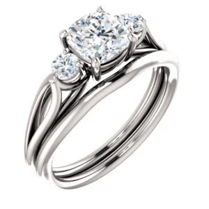 Cubic Zirconia Engagement Ring- The Mahlia (Customizable 3-stone Design with Cushion Cut Center, Round Accents and Split Band) - Image 7