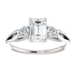 Cubic Zirconia Engagement Ring- The Mahlia (Customizable 3-stone Design with Emerald Cut Center, Round Accents and Split Band) - Image 4