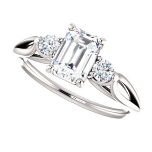 Cubic Zirconia Engagement Ring- The Mahlia (Customizable 3-stone Design with Emerald Cut Center, Round Accents and Split Band) - Image 6