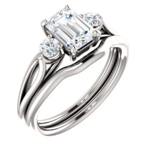 Cubic Zirconia Engagement Ring- The Mahlia (Customizable 3-stone Design with Emerald Cut Center, Round Accents and Split Band) - Image 7