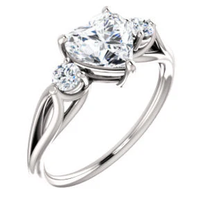 Cubic Zirconia Engagement Ring- The Mahlia (Customizable 3-stone Design with Heart Cut Center, Round Accents and Split Band) - Image 2