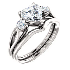 Cubic Zirconia Engagement Ring- The Mahlia (Customizable 3-stone Design with Heart Cut Center, Round Accents and Split Band) - Image 7