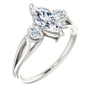 Cubic Zirconia Engagement Ring- The Mahlia (Customizable 3-stone Design with Marquise Cut Center, Round Accents and Split Band) - Image 2