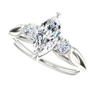 Cubic Zirconia Engagement Ring- The Mahlia (Customizable 3-stone Design with Marquise Cut Center, Round Accents and Split Band) - Image 6