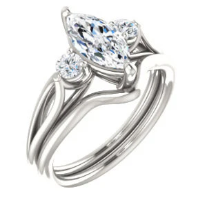 Cubic Zirconia Engagement Ring- The Mahlia (Customizable 3-stone Design with Marquise Cut Center, Round Accents and Split Band) - Image 7