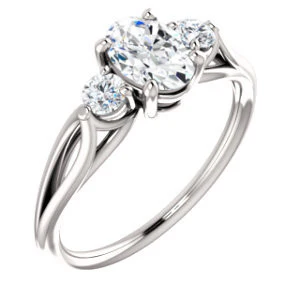 Cubic Zirconia Engagement Ring- The Mahlia (Customizable 3-stone Design with Oval Cut Center, Round Accents and Split Band) - Image 2