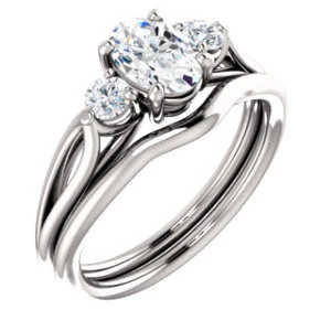 Cubic Zirconia Engagement Ring- The Mahlia (Customizable 3-stone Design with Oval Cut Center, Round Accents and Split Band) - Image 7