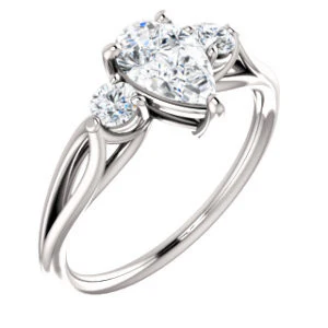 Cubic Zirconia Engagement Ring- The Mahlia (Customizable 3-stone Design with Pear Cut Center, Round Accents and Split Band) - Image 2